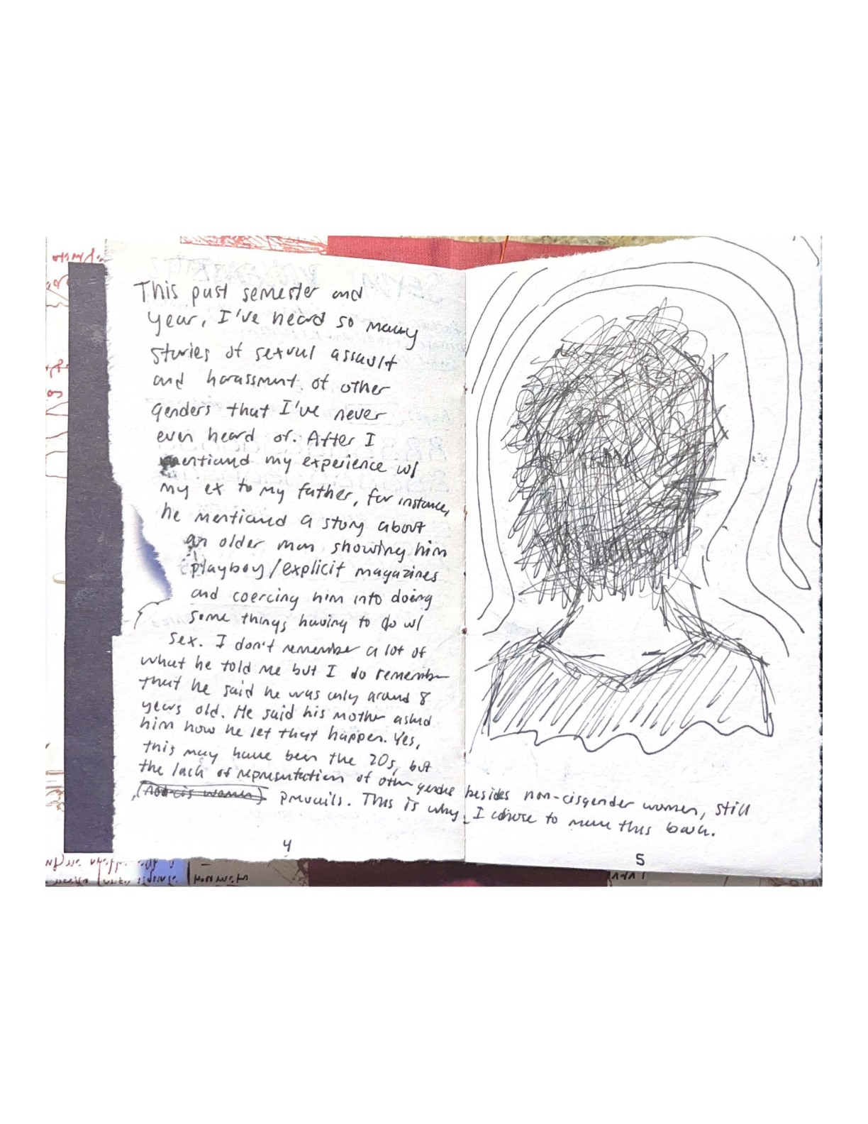 This past semester and year, I’ve heard so many stories of sexual assault and harassment of other genders that I’ve never even heard of. After I mentioned my experience with my ex to my father, for instance, he mentioned a story about an older man showing him playboy/explicit magazines and coercing him into doing some things having to do with sex. I don’t remember a lot of what he told me but I do remember that he said he was only around 8 years old. He said his mother asked him how he let that happen. Yes, this may have been the 70s, but the lack of representation of other genders besides non-cisgender women, still prevails. This is why I chose to make this book.
    [Drawing of a person with their head scratched out.]